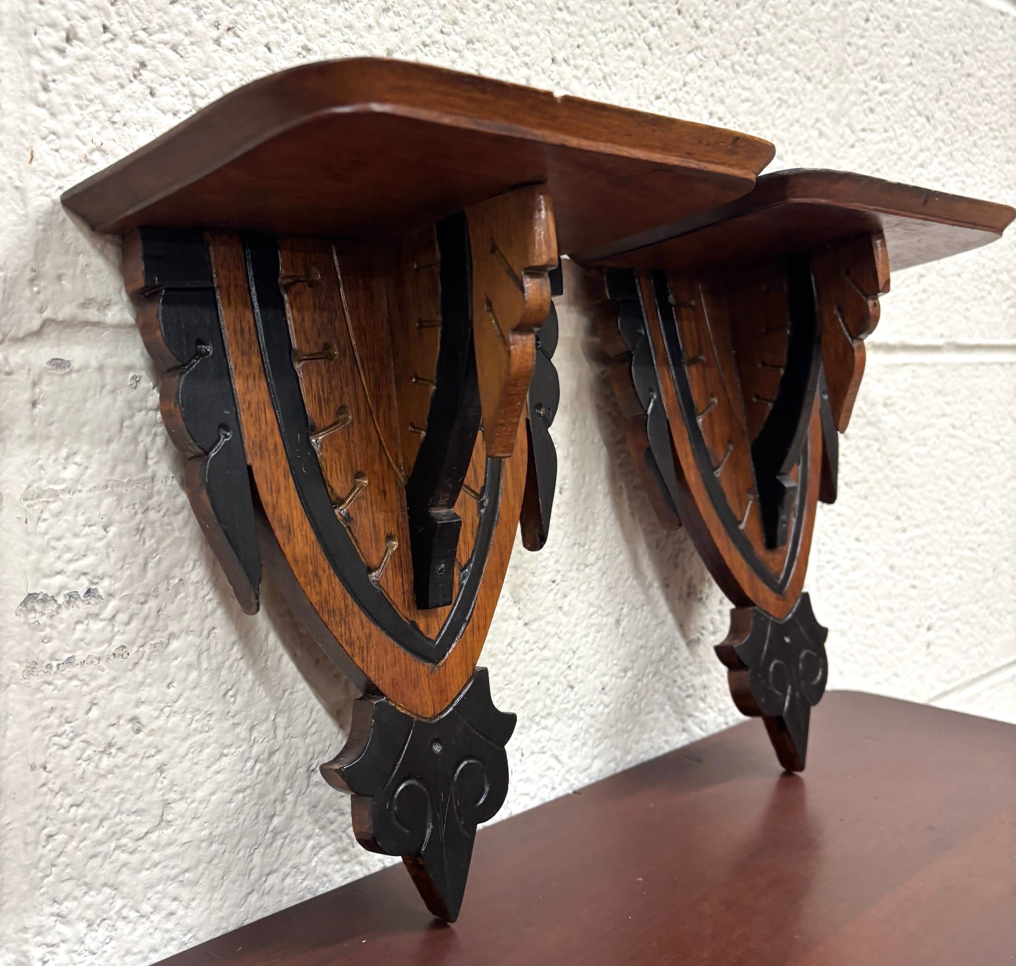 Antique Arts and Crafts Gothic Revival Exposed Peg Wall Brackets - Pair