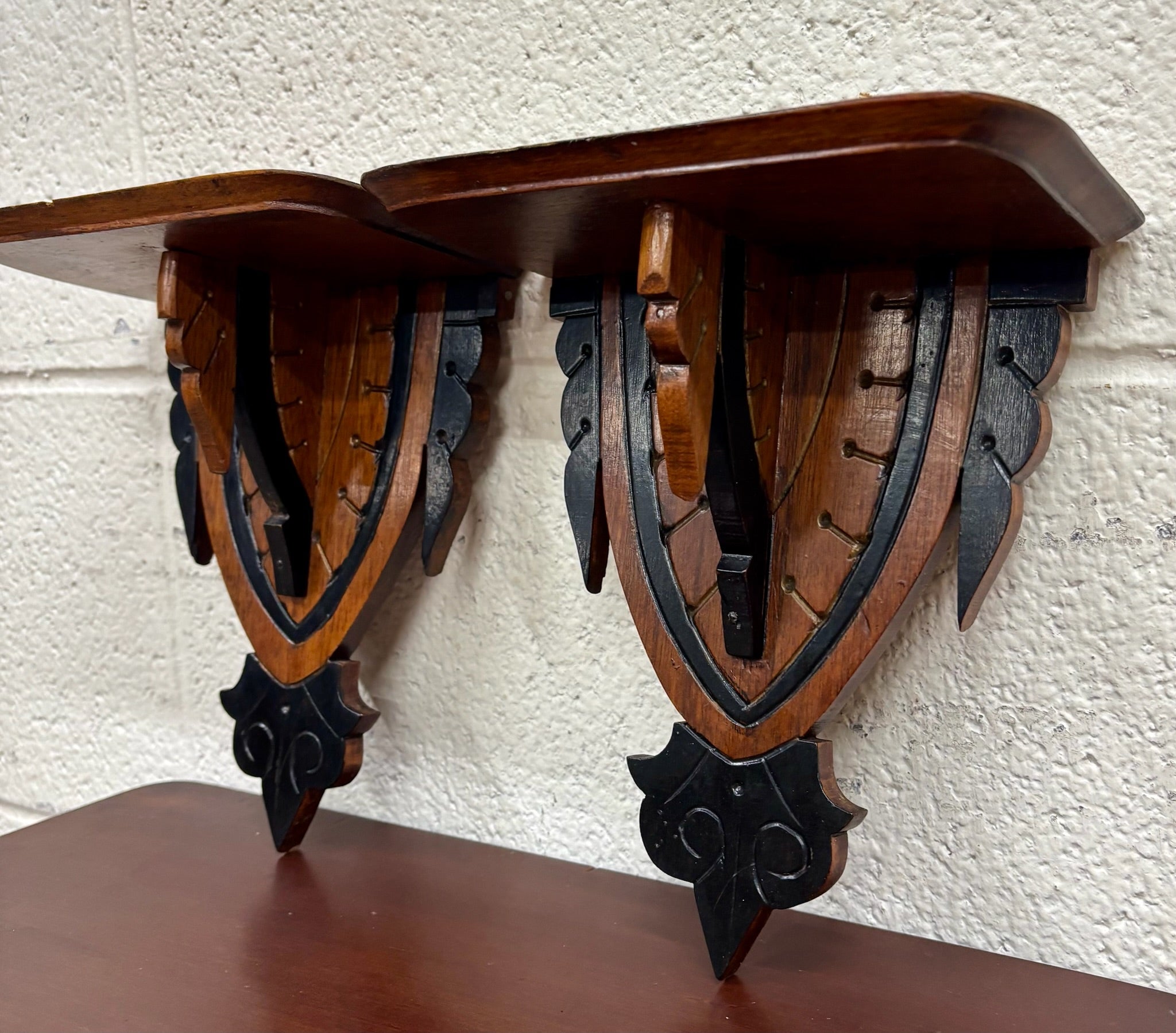 Antique Arts and Crafts Gothic Revival Exposed Peg Wall Brackets - Pair