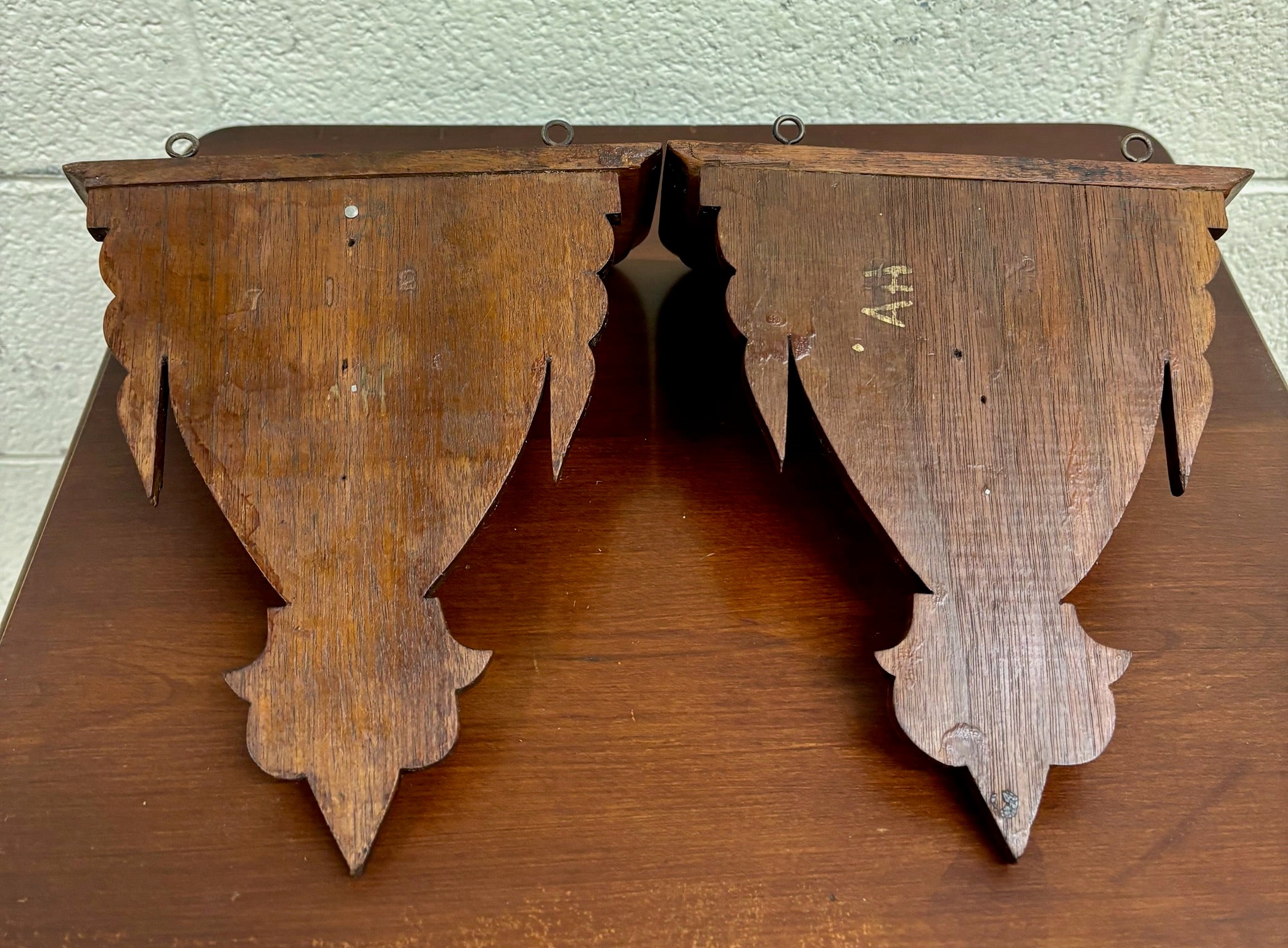 Antique Arts and Crafts Gothic Revival Exposed Peg Wall Brackets - Pair