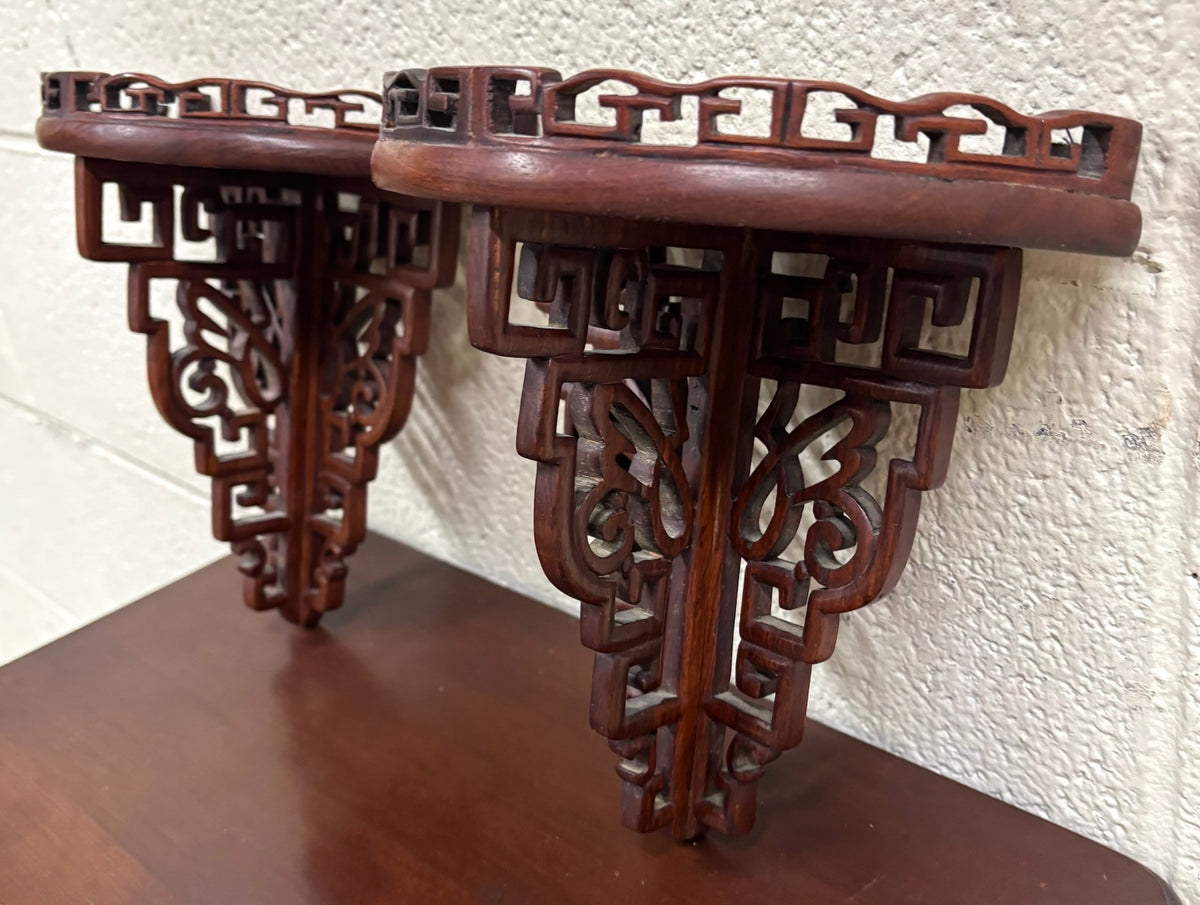 Vintage Chinese Chippendale Pierced Fretwork Wall Brackets - Pair
