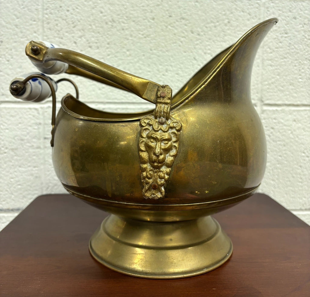 Vintage Brass Coal Scuttle with Lion Head Accents