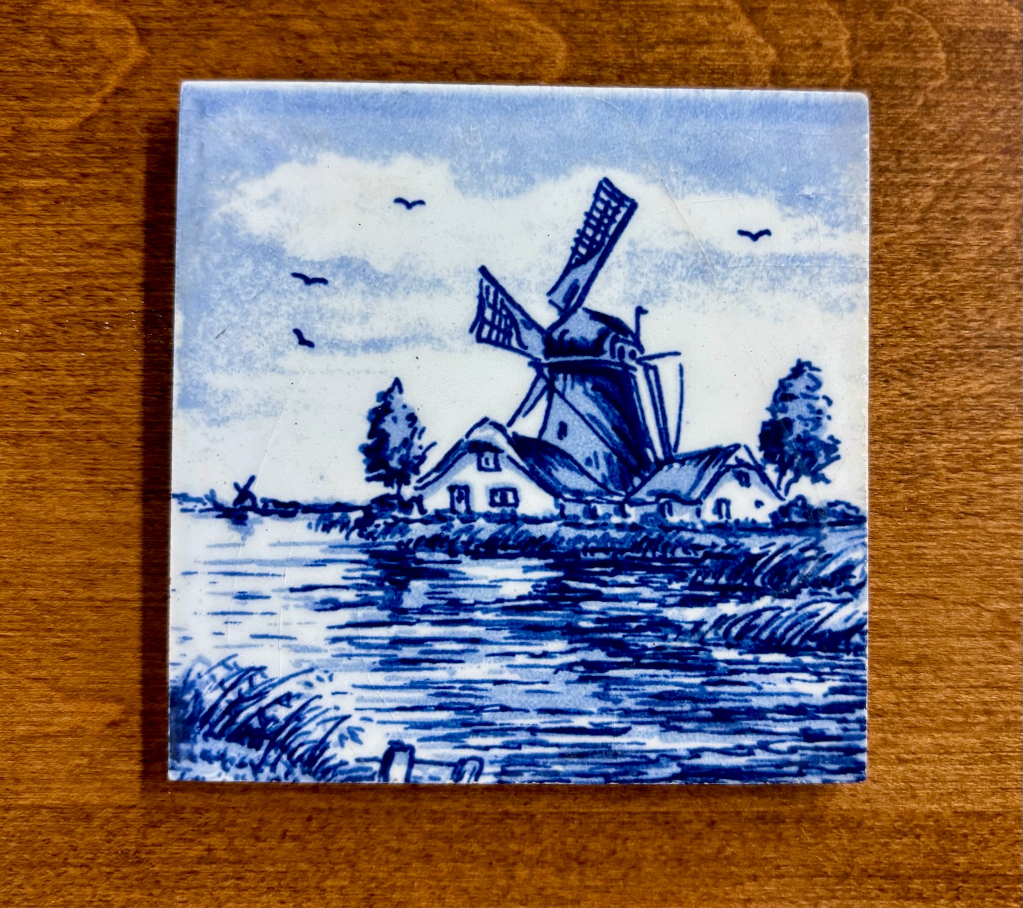 Vintage Hand Painted Delft Style Ceramic Tile with Dutch Windmill Landscape