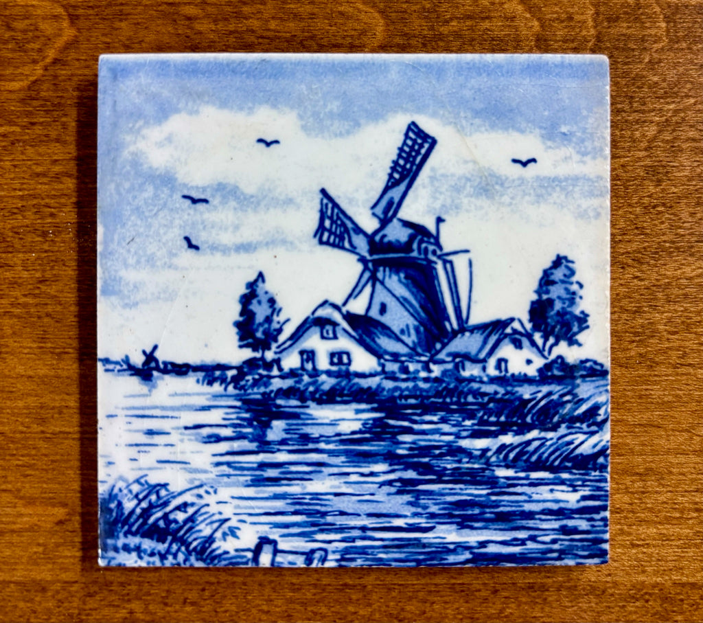 Vintage Hand Painted Delft Style Ceramic Tile with Dutch Windmill Landscape