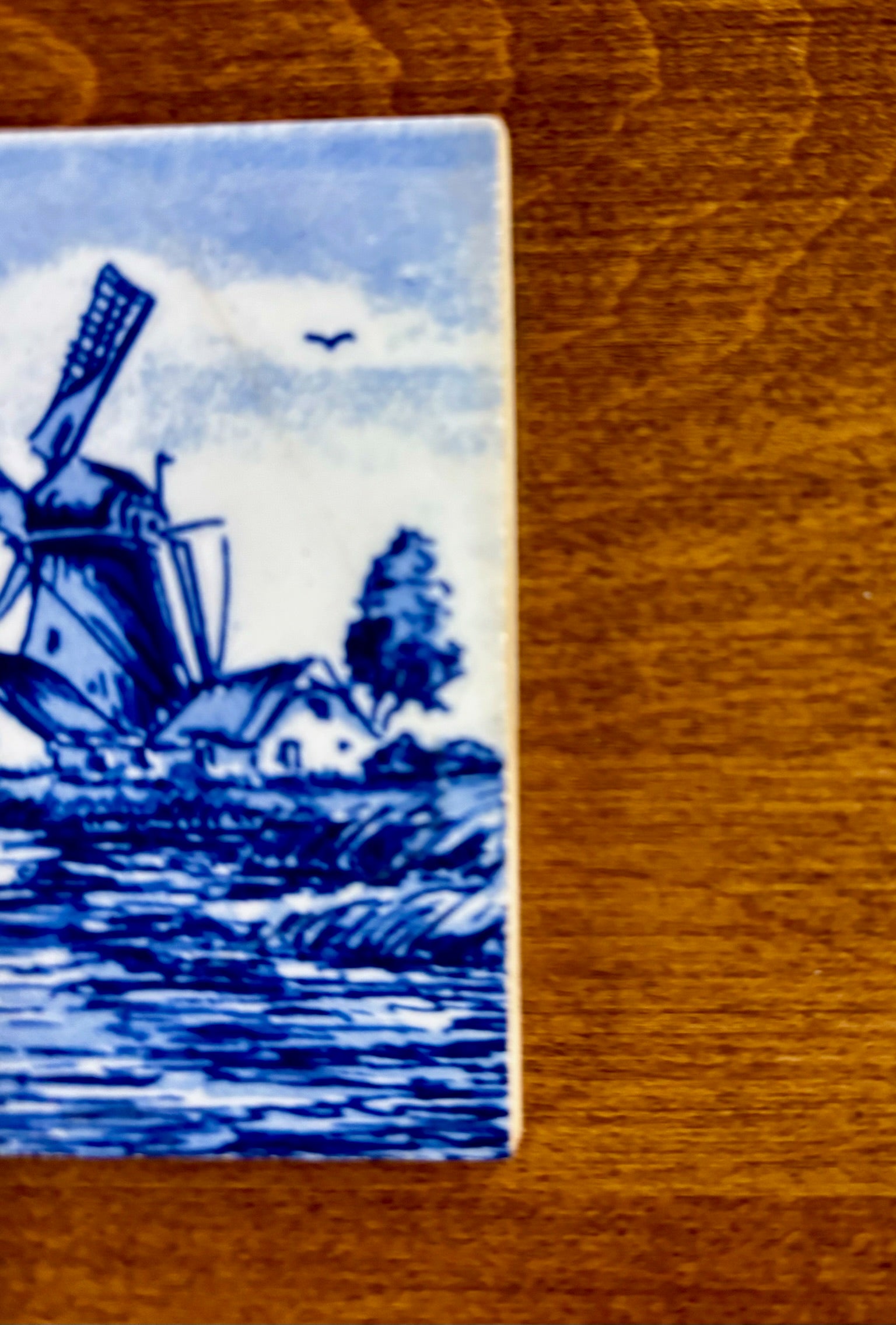 Vintage Hand Painted Delft Style Ceramic Tile with Dutch Windmill Landscape