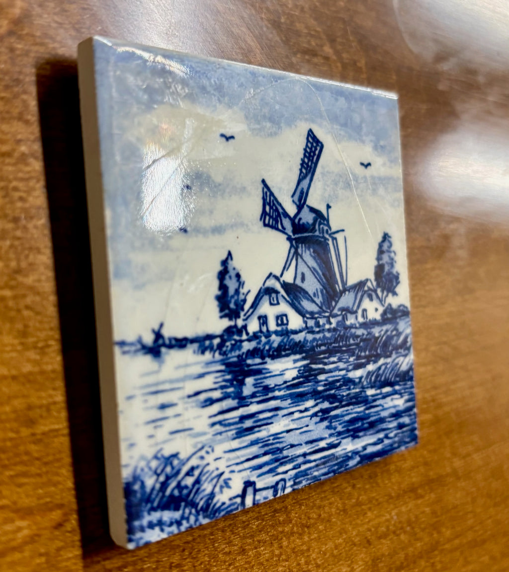 Vintage Hand Painted Delft Style Ceramic Tile with Dutch Windmill Landscape
