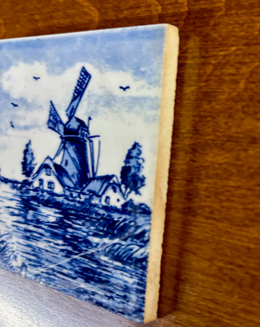 Vintage Hand Painted Delft Style Ceramic Tile with Dutch Windmill Landscape