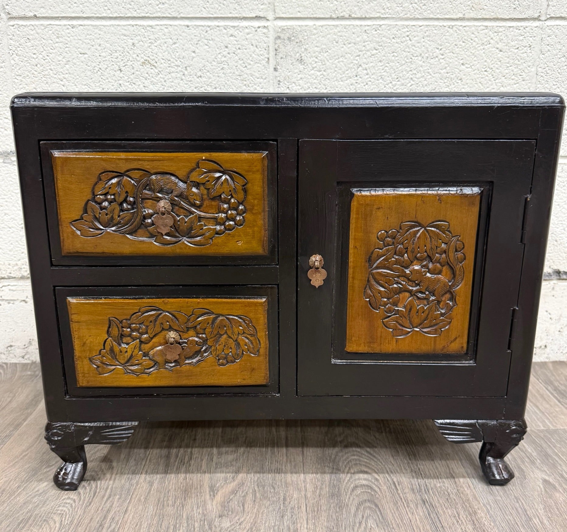 Vintage Asian Carved Cabinet with Hand Carved Motifs