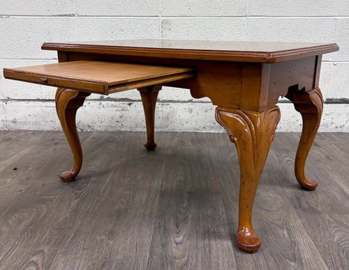 Vintage Queen Anne Style Parquet Style Top Carved Coffee Table w/ Pull Out Tray