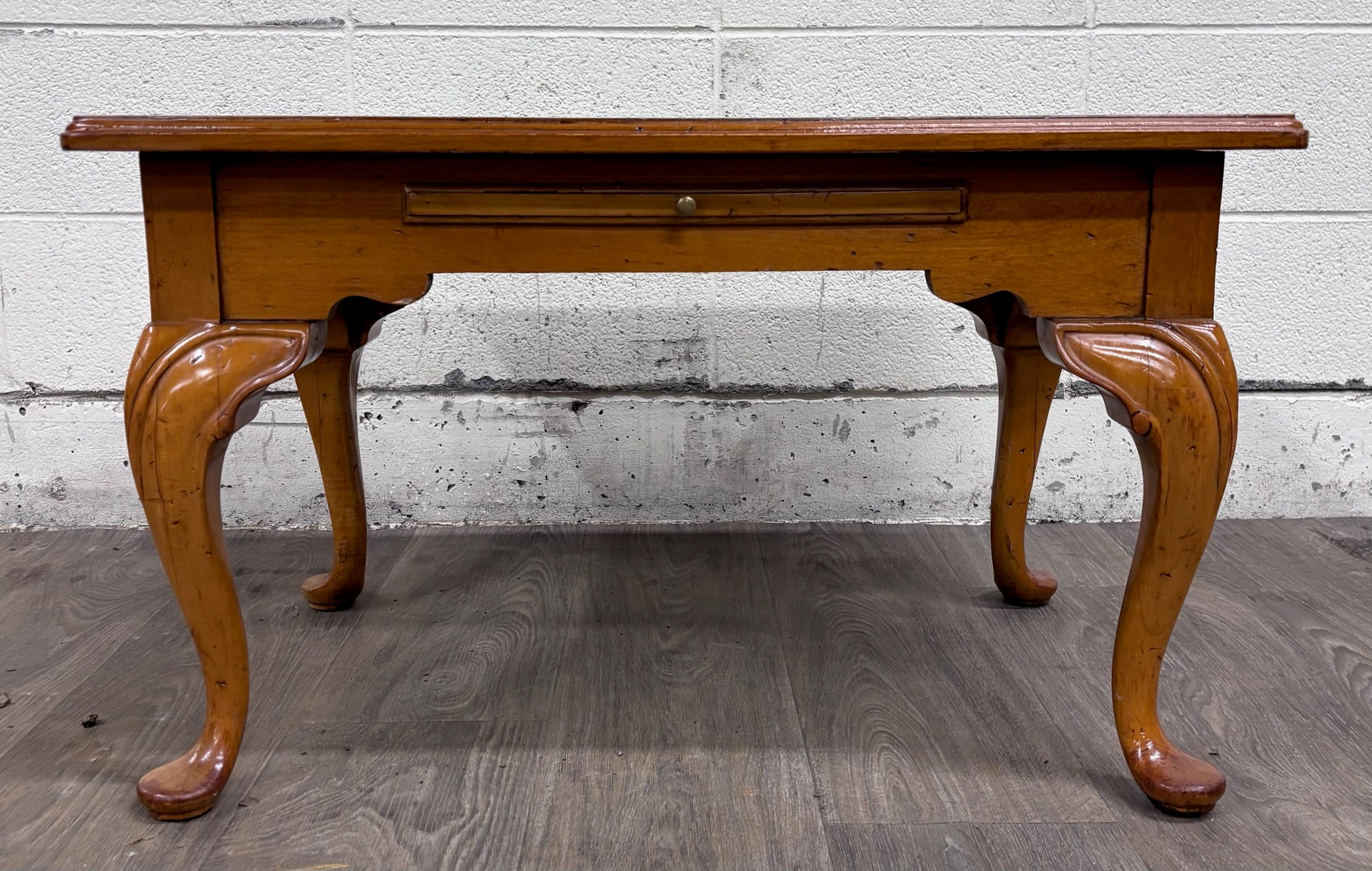 Vintage Queen Anne Style Parquet Style Top Carved Coffee Table w/ Pull Out Tray