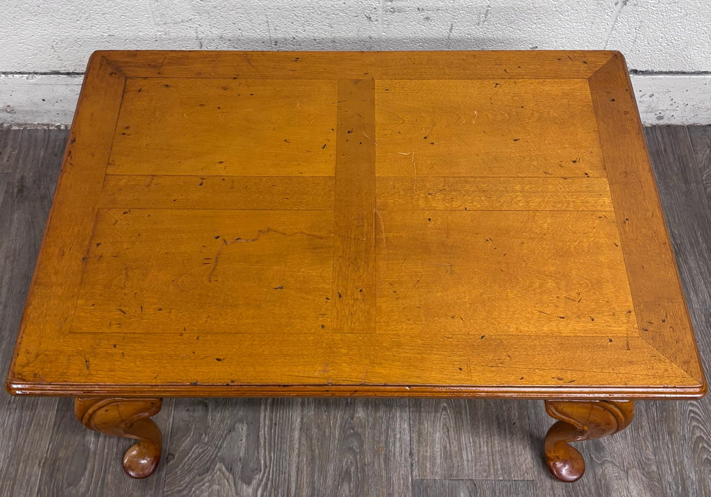 Vintage Queen Anne Style Parquet Style Top Carved Coffee Table w/ Pull Out Tray