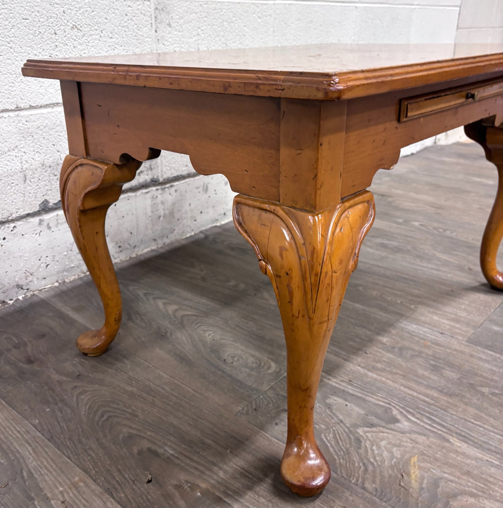 Vintage Queen Anne Style Parquet Style Top Carved Coffee Table w/ Pull Out Tray