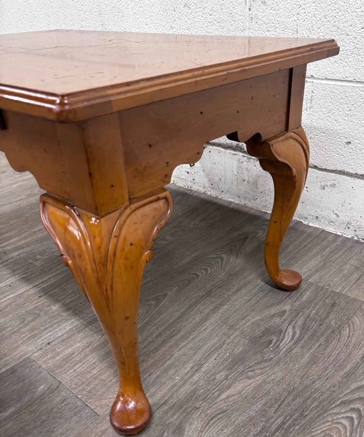 Vintage Queen Anne Style Parquet Style Top Carved Coffee Table w/ Pull Out Tray