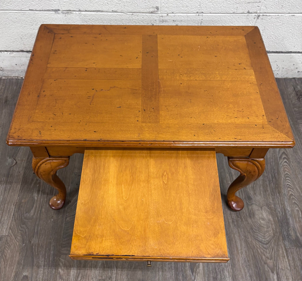 Vintage Queen Anne Style Parquet Style Top Carved Coffee Table w/ Pull Out Tray
