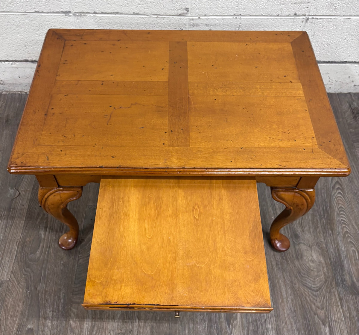 Vintage Queen Anne Style Parquet Style Top Carved Coffee Table w/ Pull Out Tray