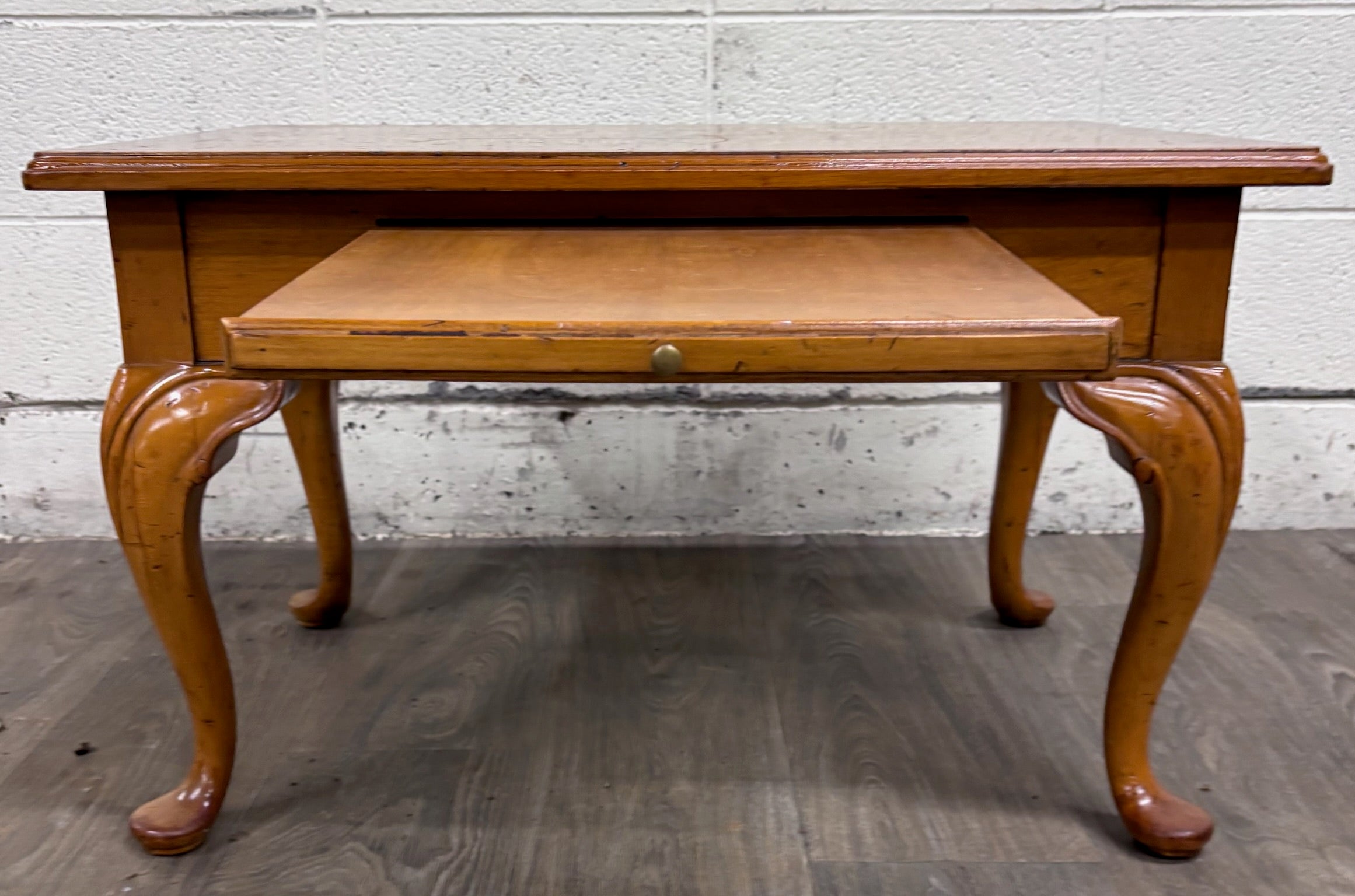 Vintage Queen Anne Style Parquet Style Top Carved Coffee Table w/ Pull Out Tray