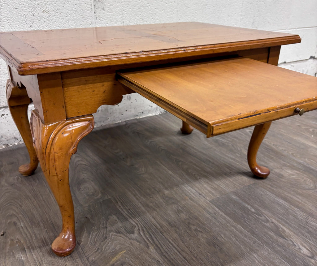 Vintage Queen Anne Style Parquet Style Top Carved Coffee Table w/ Pull Out Tray