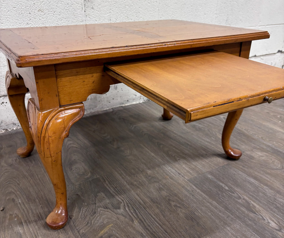 Vintage Queen Anne Style Parquet Style Top Carved Coffee Table w/ Pull Out Tray