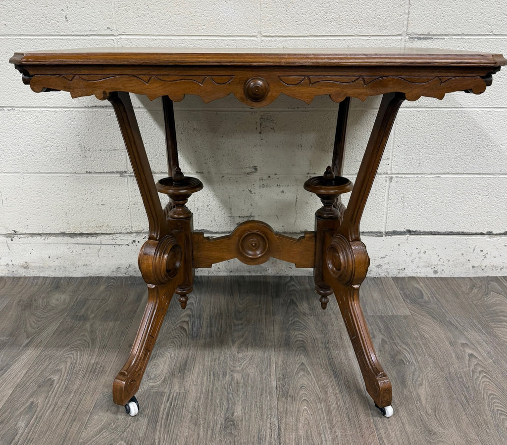 Antique W & M Salmans Victorian Eastlake Carved Oak Trestle Base Library Table