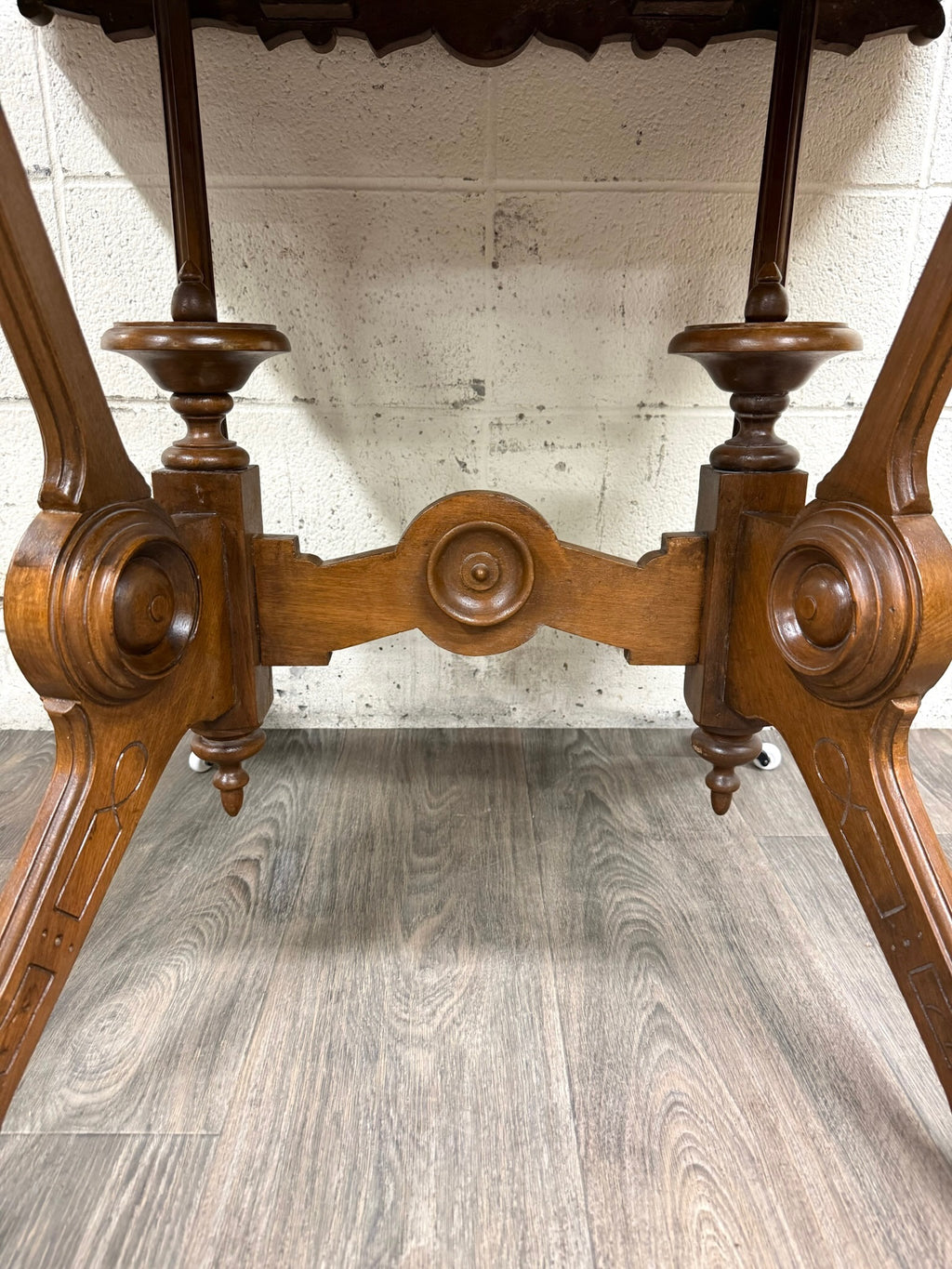 Antique W & M Salmans Victorian Eastlake Carved Oak Trestle Base Library Table