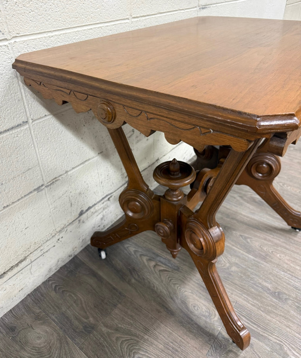 Antique W & M Salmans Victorian Eastlake Carved Oak Trestle Base Library Table
