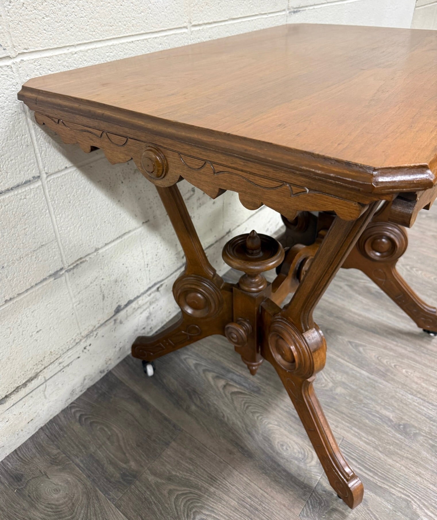 Antique W & M Salmans Victorian Eastlake Carved Oak Trestle Base Library Table