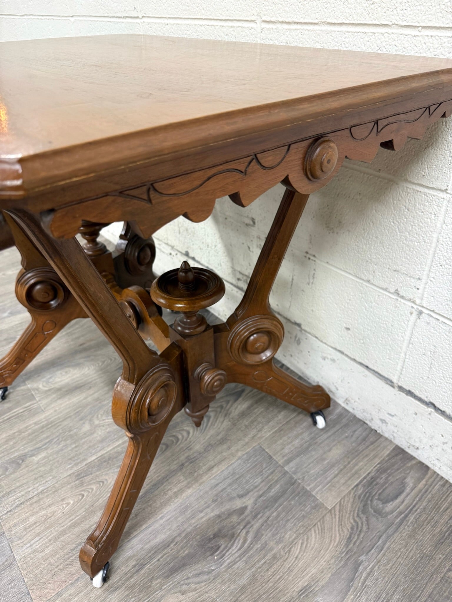 Antique W & M Salmans Victorian Eastlake Carved Oak Trestle Base Library Table