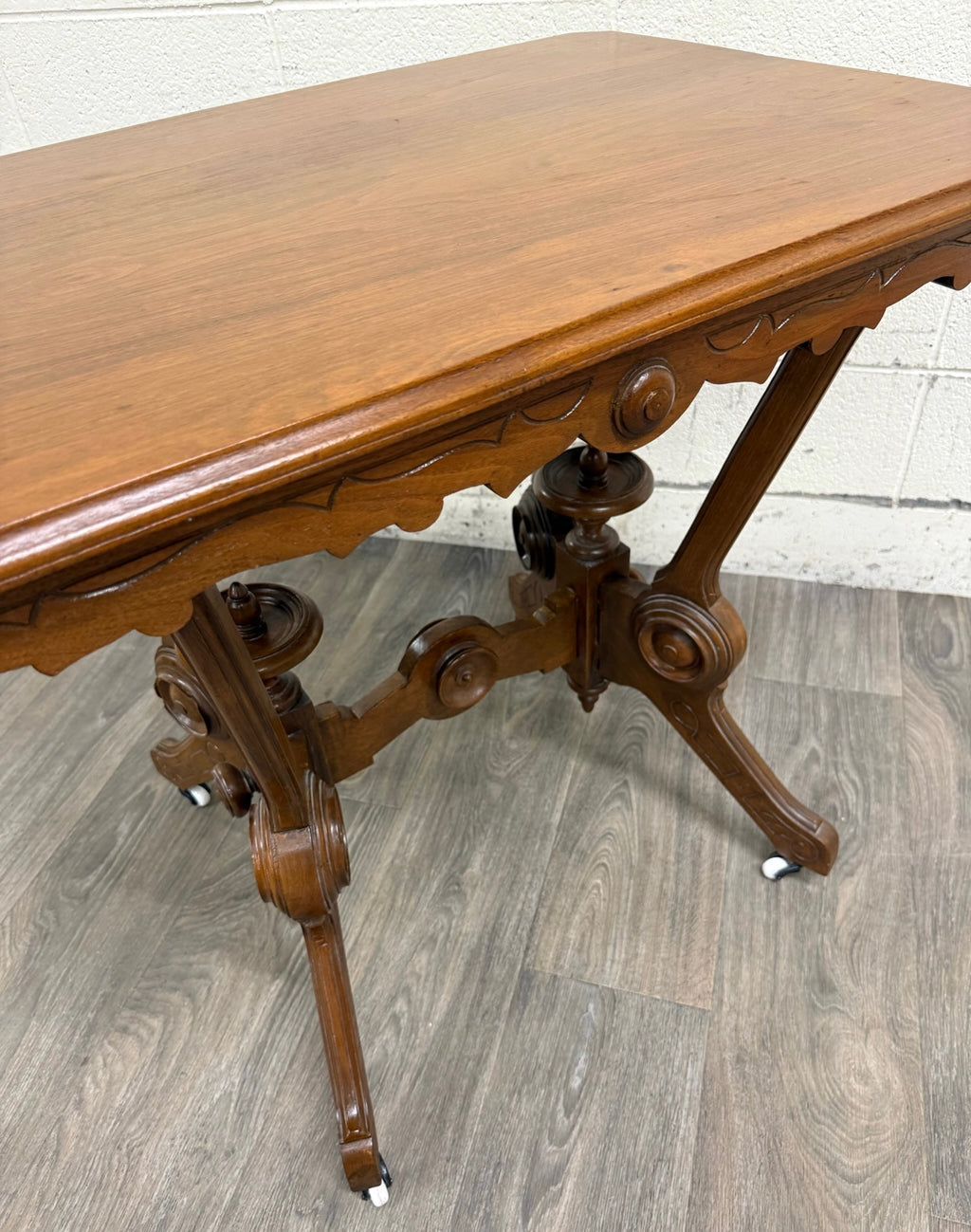 Antique W & M Salmans Victorian Eastlake Carved Oak Trestle Base Library Table
