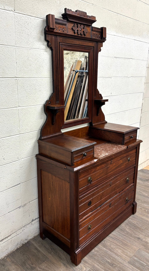 Antique Victorian Eastlake Walnut Dresser with Swivel Mirror and Marble Inlay