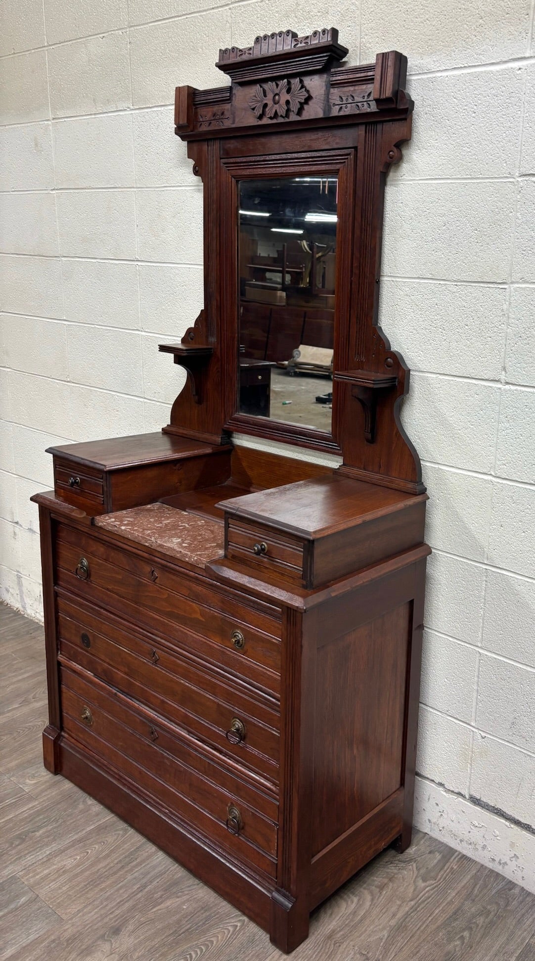 Antique Victorian Eastlake Walnut Dresser with Swivel Mirror and Marble Inlay
