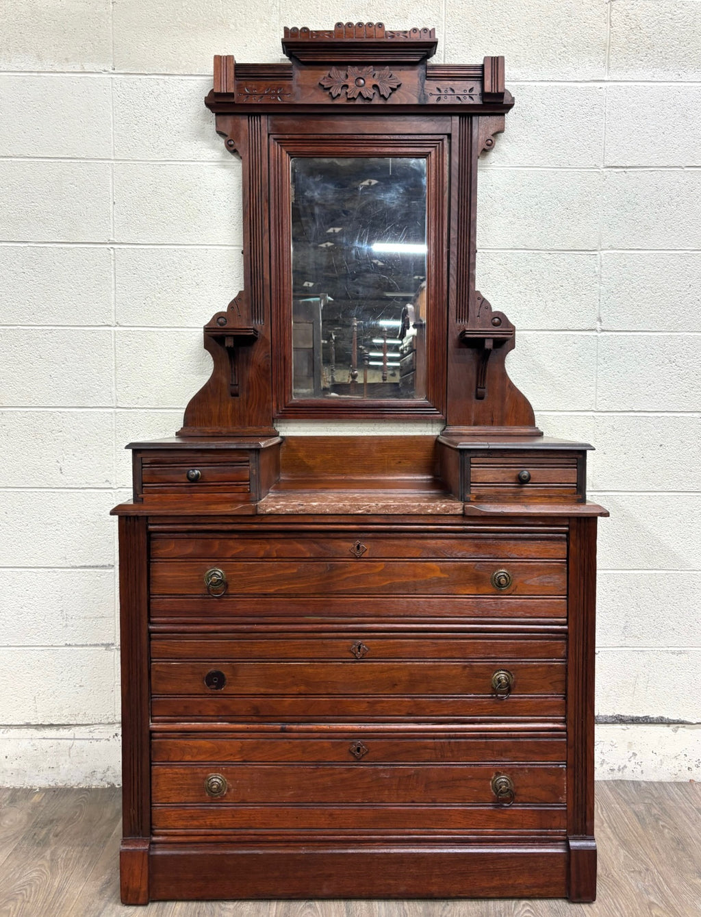 Antique Victorian Eastlake Walnut Dresser with Swivel Mirror and Marble Inlay