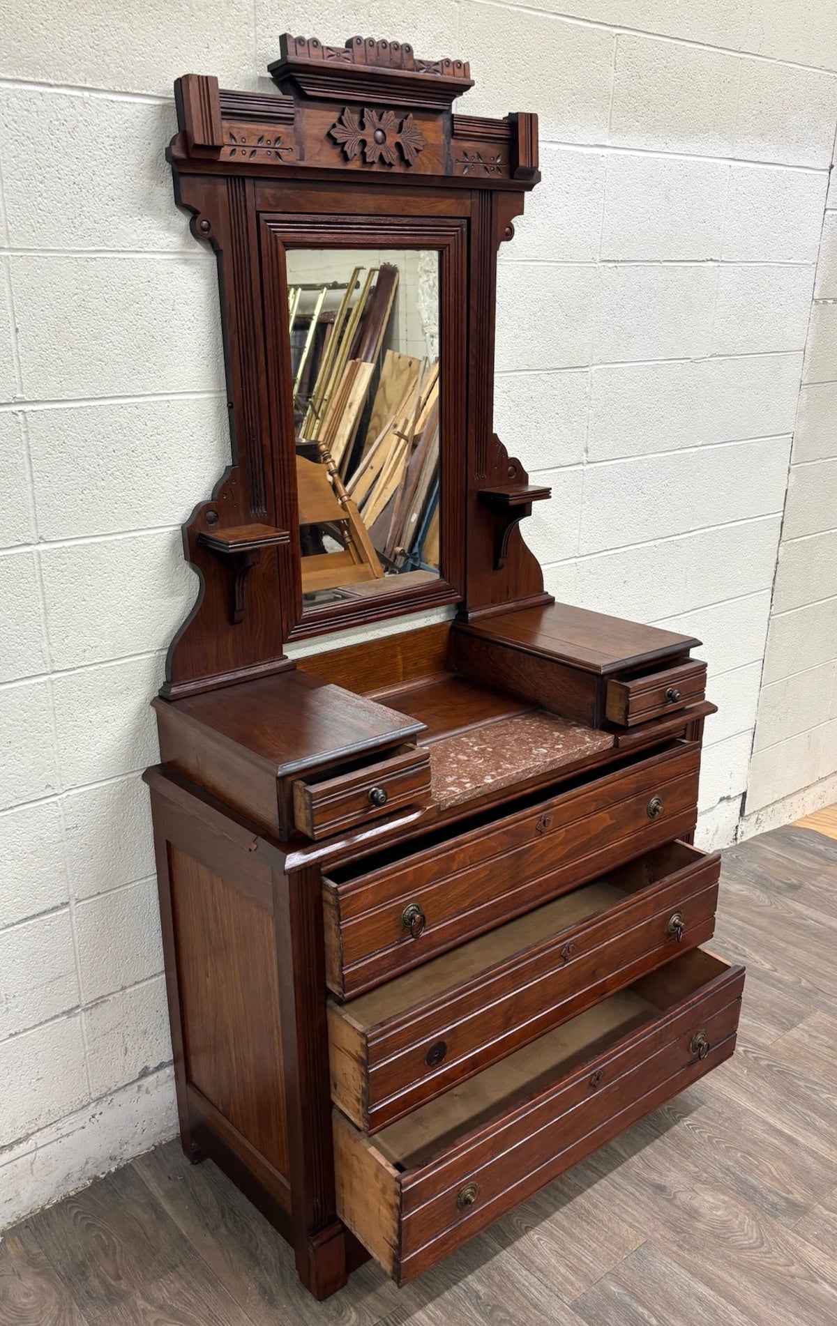 Antique Victorian Eastlake Walnut Dresser with Swivel Mirror and Marble Inlay