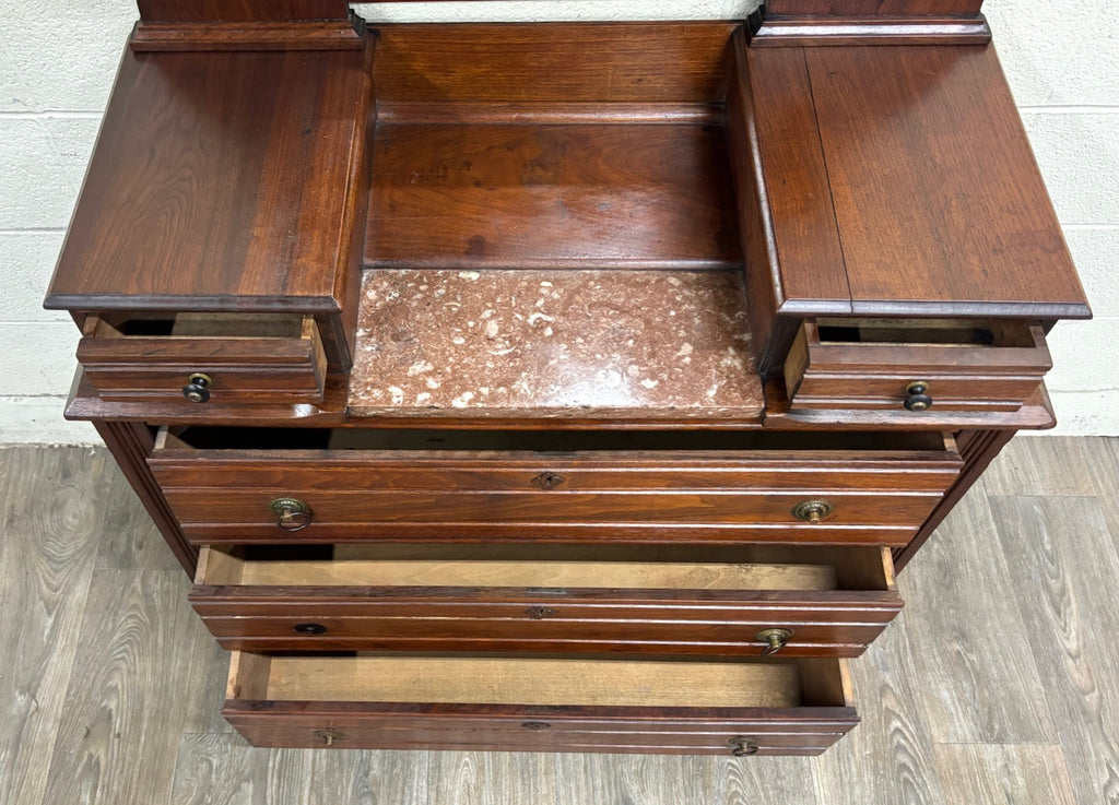 Antique Victorian Eastlake Walnut Dresser with Swivel Mirror and Marble Inlay
