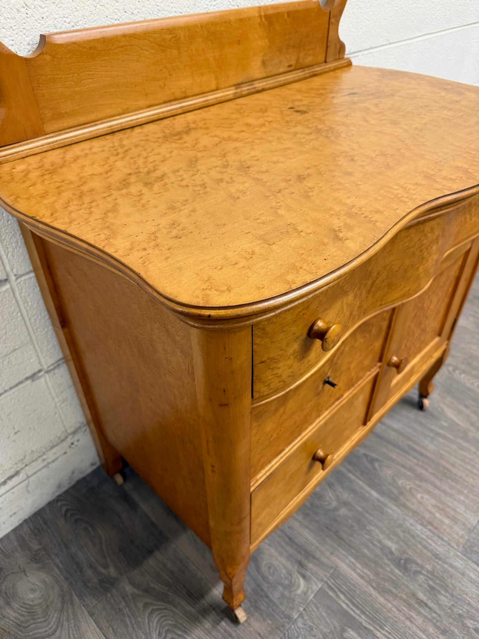 Antique Victorian or Edwardian Birdseye Maple Washstand Cabinet Commode Dry Sink