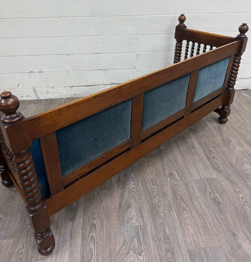 Antique Jacobean Revival Blue Velvet Upholstered Oak Hall Settee Daybed Bench