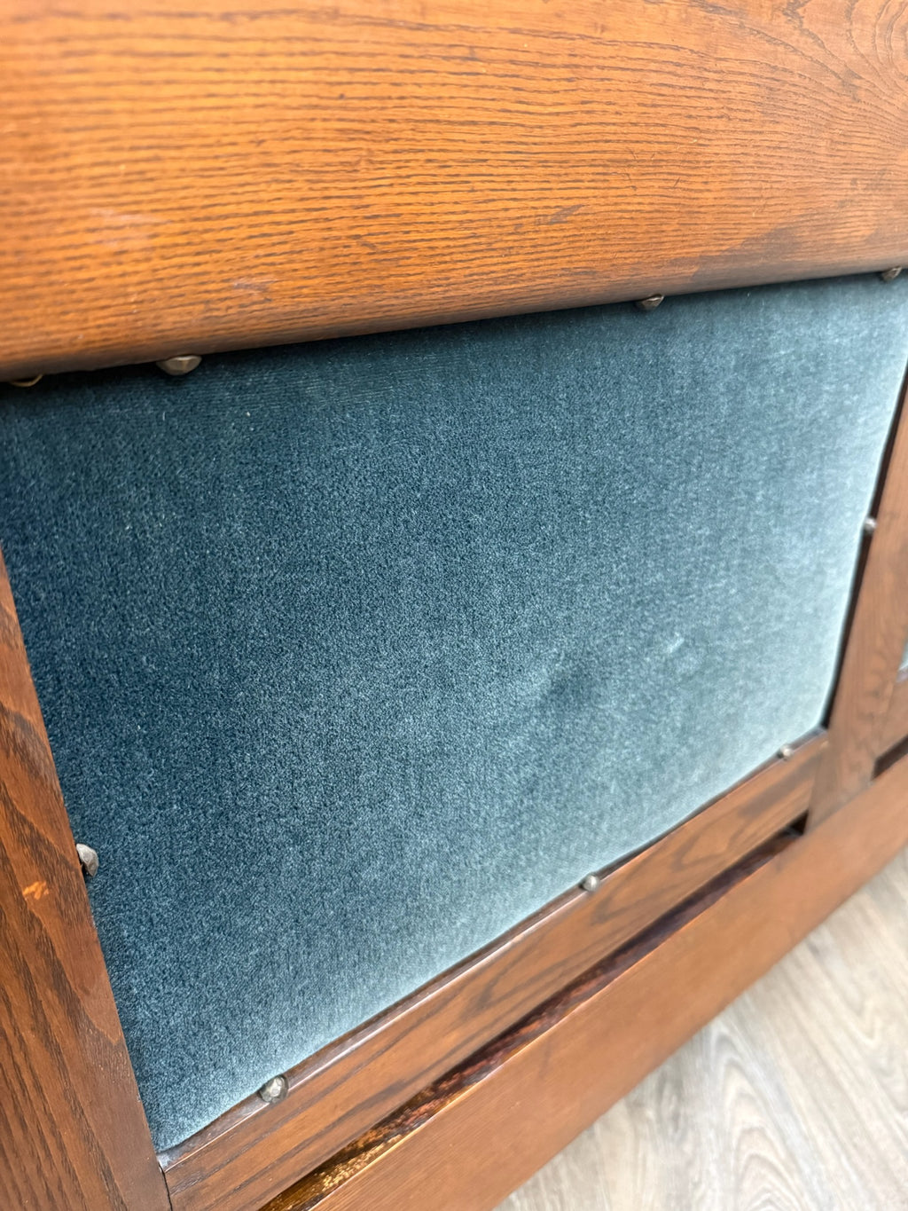 Antique Jacobean Revival Blue Velvet Upholstered Oak Hall Settee Daybed Bench