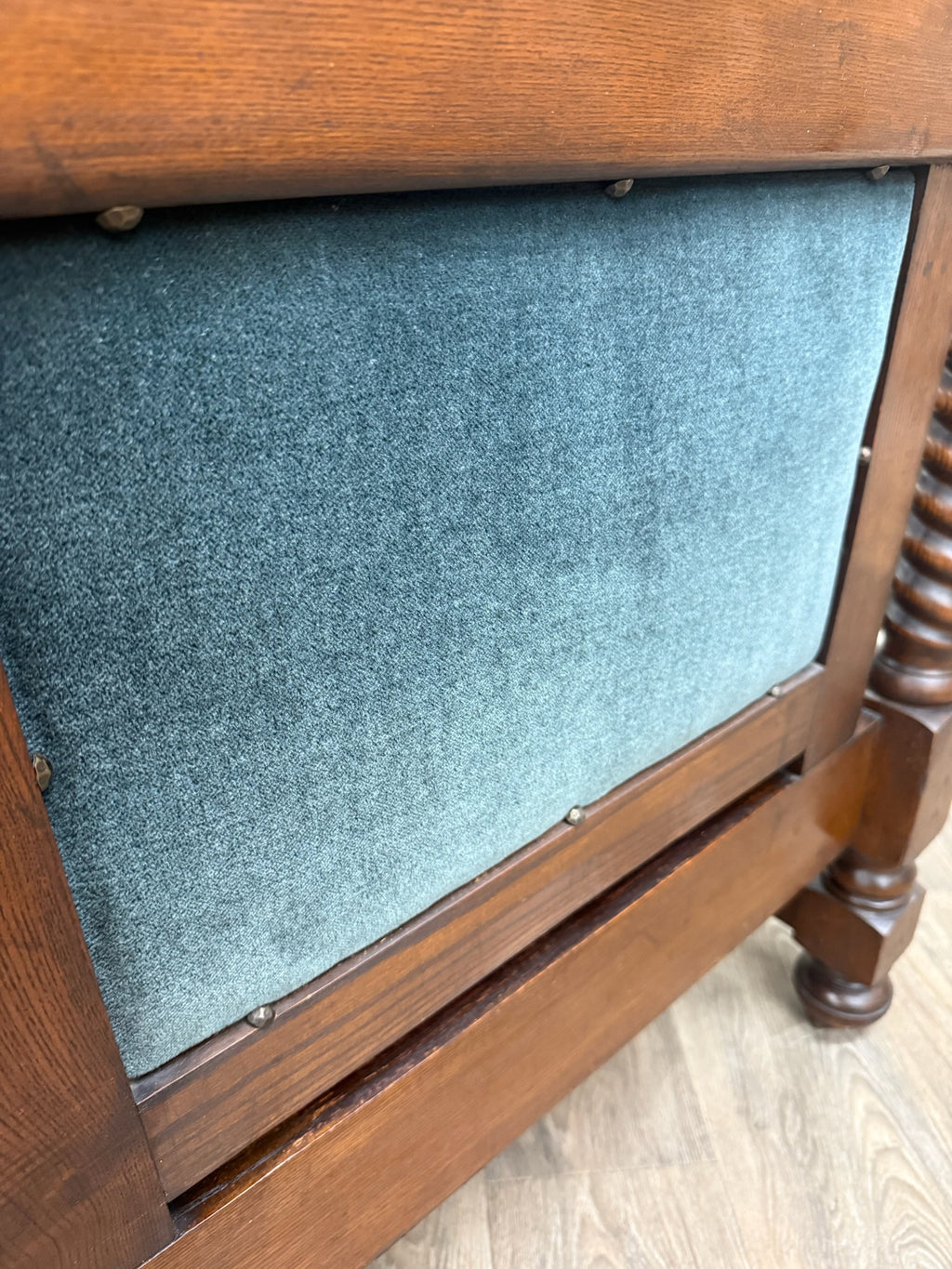Antique Jacobean Revival Blue Velvet Upholstered Oak Hall Settee Daybed Bench