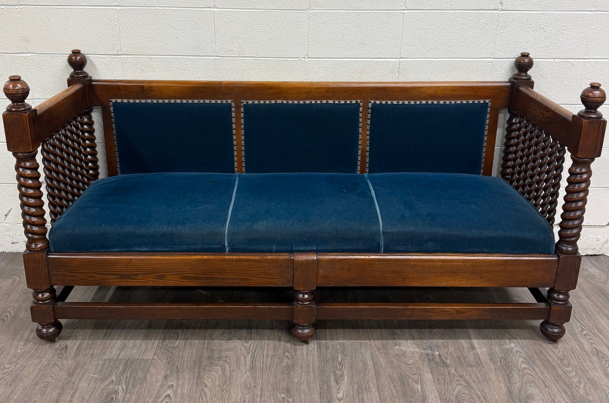 Antique Jacobean Revival Blue Velvet Upholstered Oak Hall Settee Daybed Bench