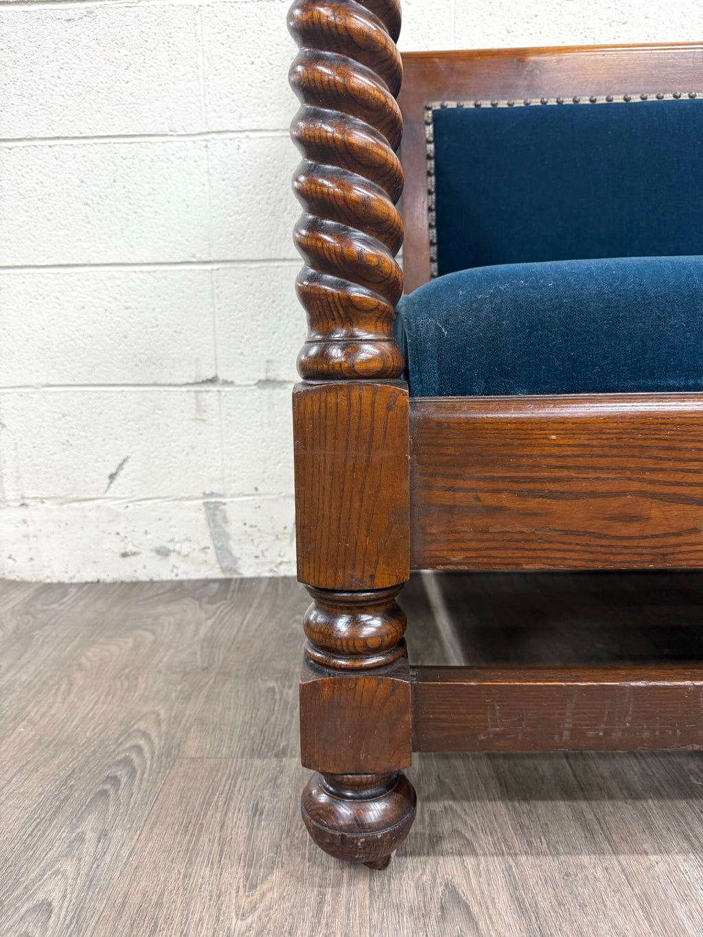 Antique Jacobean Revival Blue Velvet Upholstered Oak Hall Settee Daybed Bench