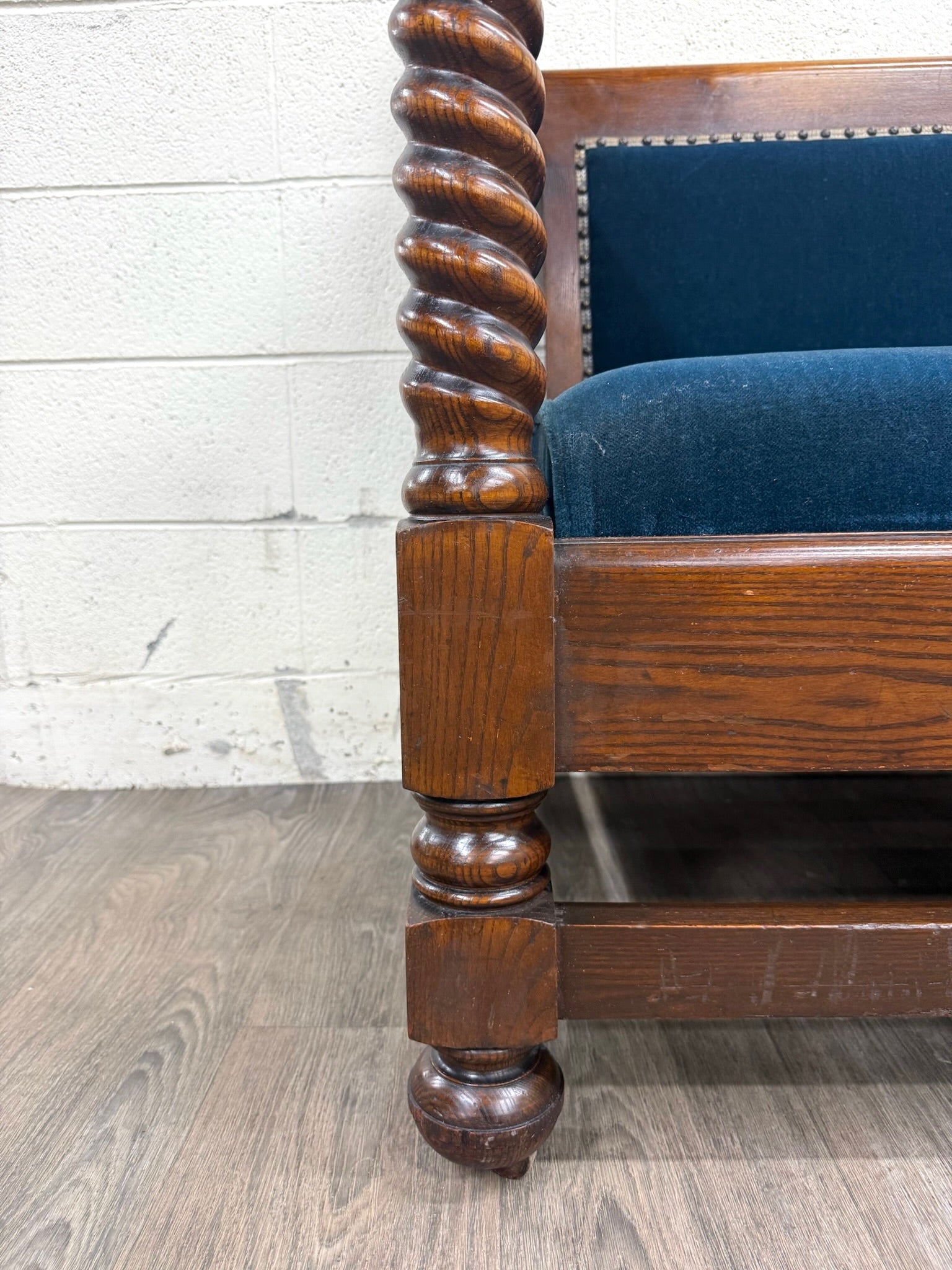 Antique Jacobean Revival Blue Velvet Upholstered Oak Hall Settee Daybed Bench