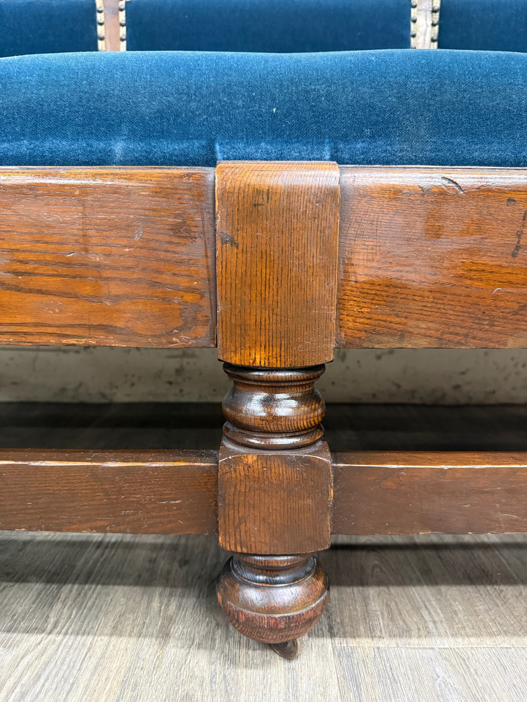 Antique Jacobean Revival Blue Velvet Upholstered Oak Hall Settee Daybed Bench