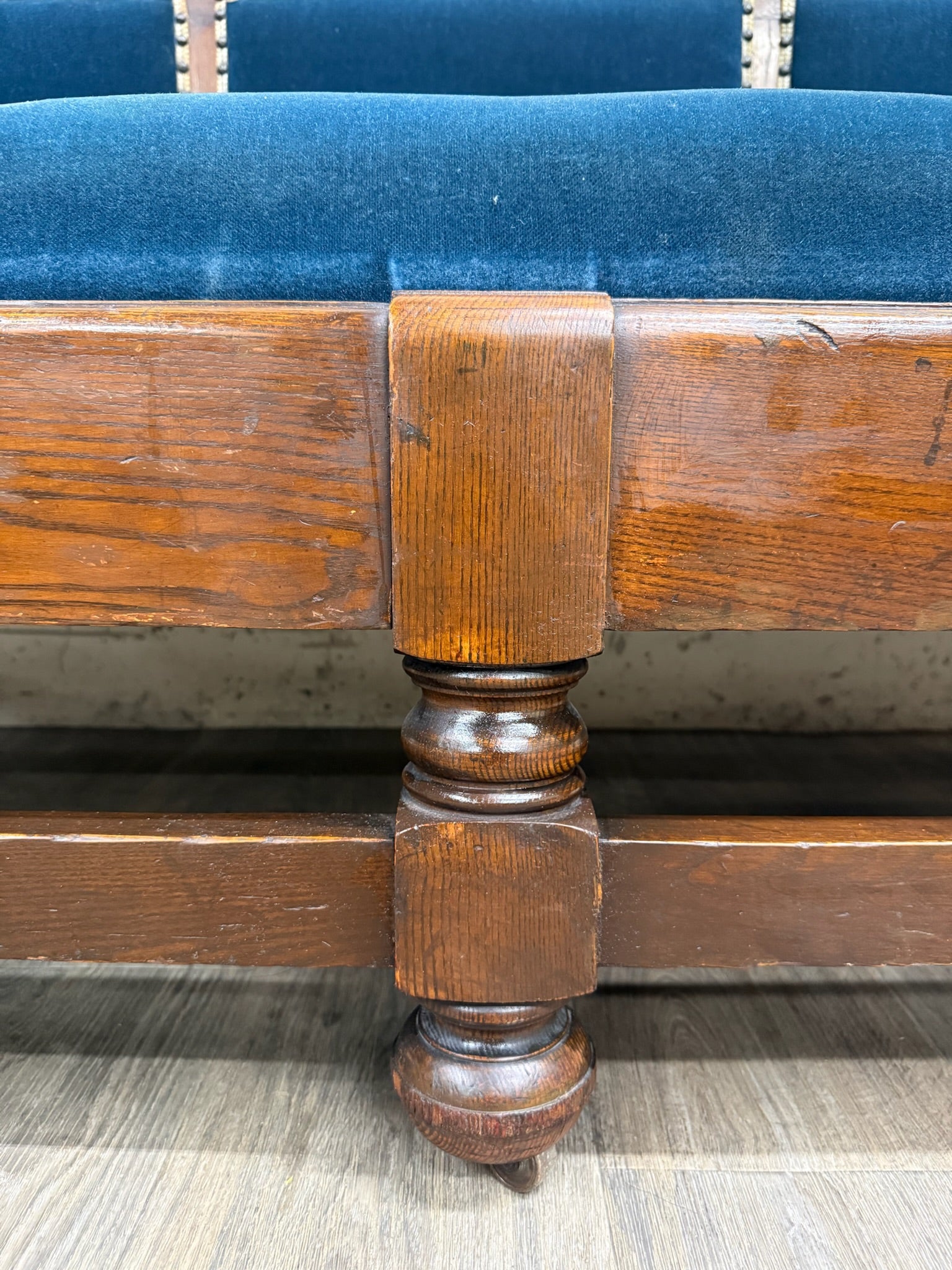 Antique Jacobean Revival Blue Velvet Upholstered Oak Hall Settee Daybed Bench