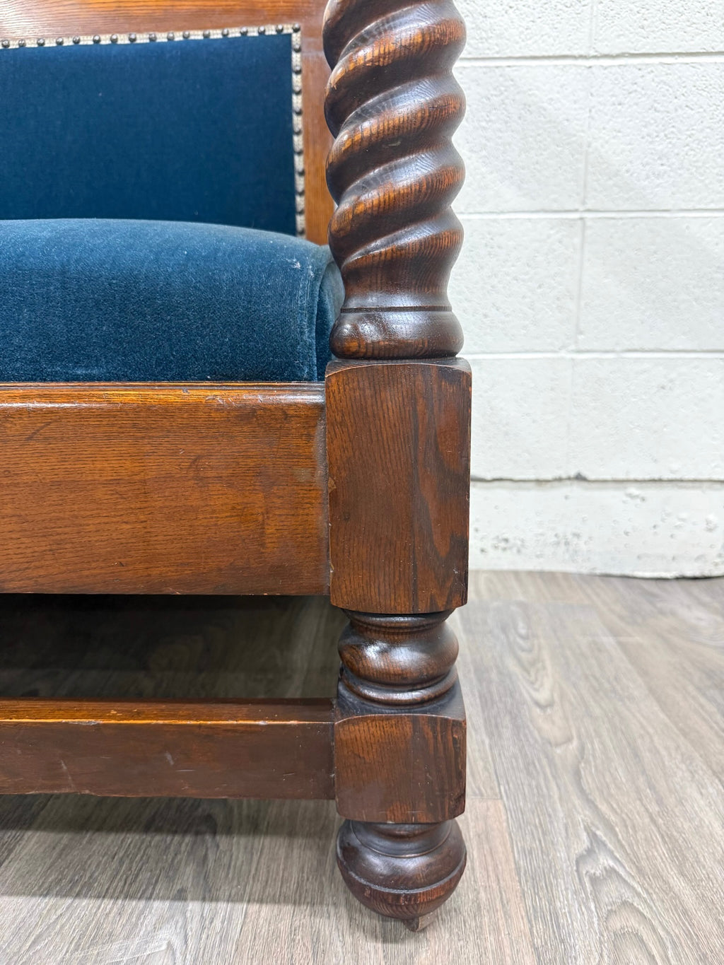 Antique Jacobean Revival Blue Velvet Upholstered Oak Hall Settee Daybed Bench