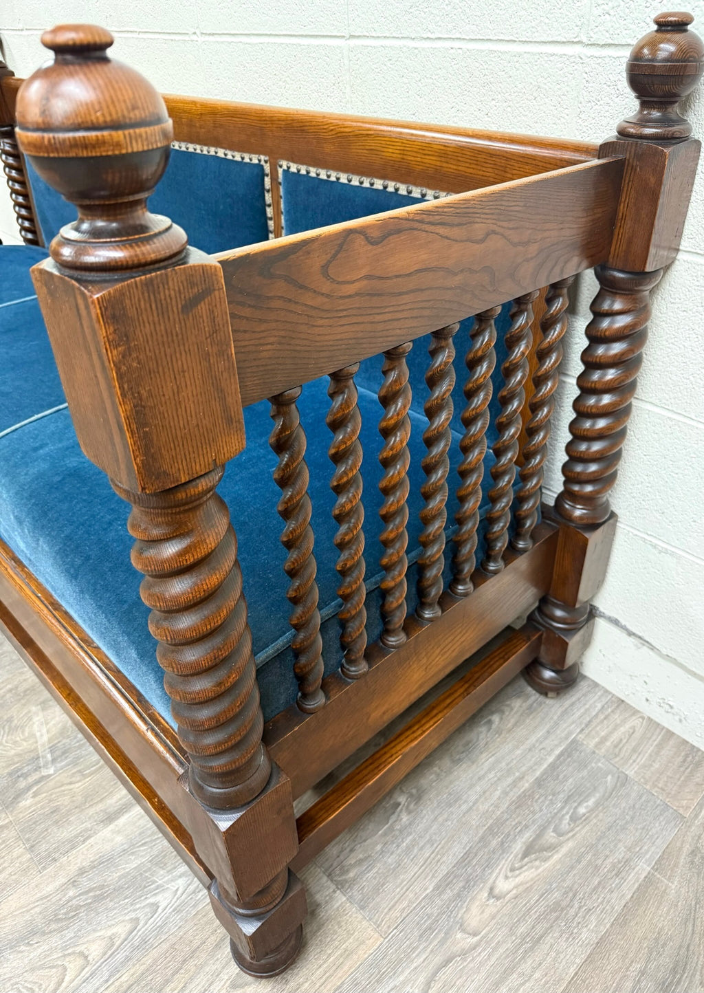 Antique Jacobean Revival Blue Velvet Upholstered Oak Hall Settee Daybed Bench