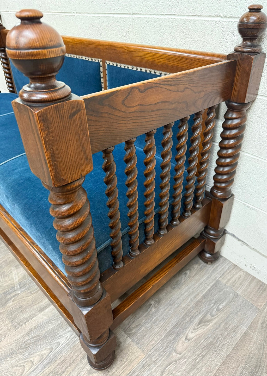 Antique Jacobean Revival Blue Velvet Upholstered Oak Hall Settee Daybed Bench