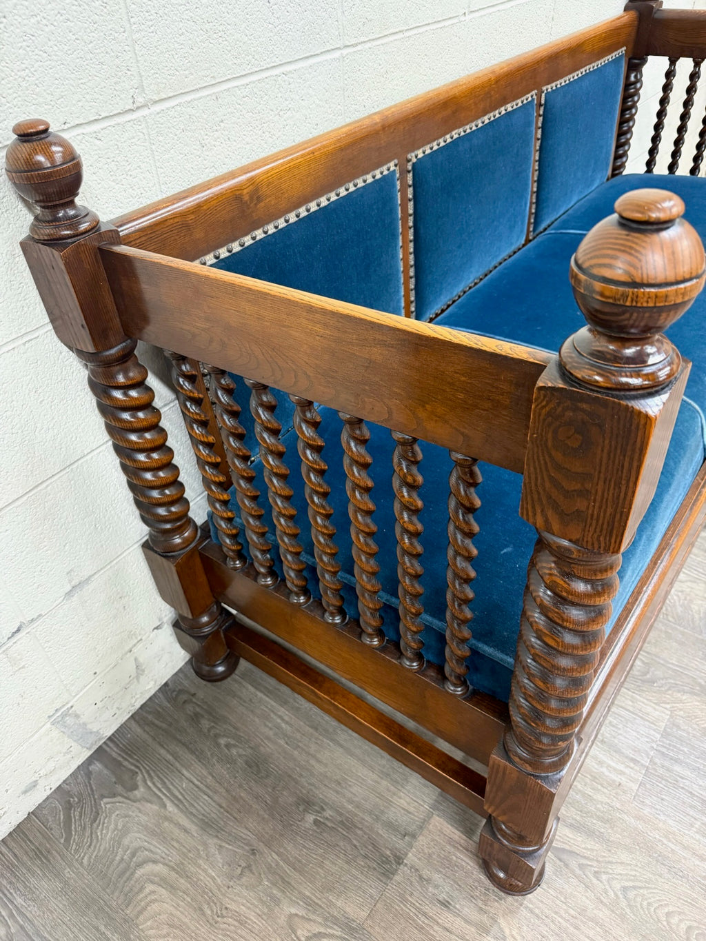 Antique Jacobean Revival Blue Velvet Upholstered Oak Hall Settee Daybed Bench