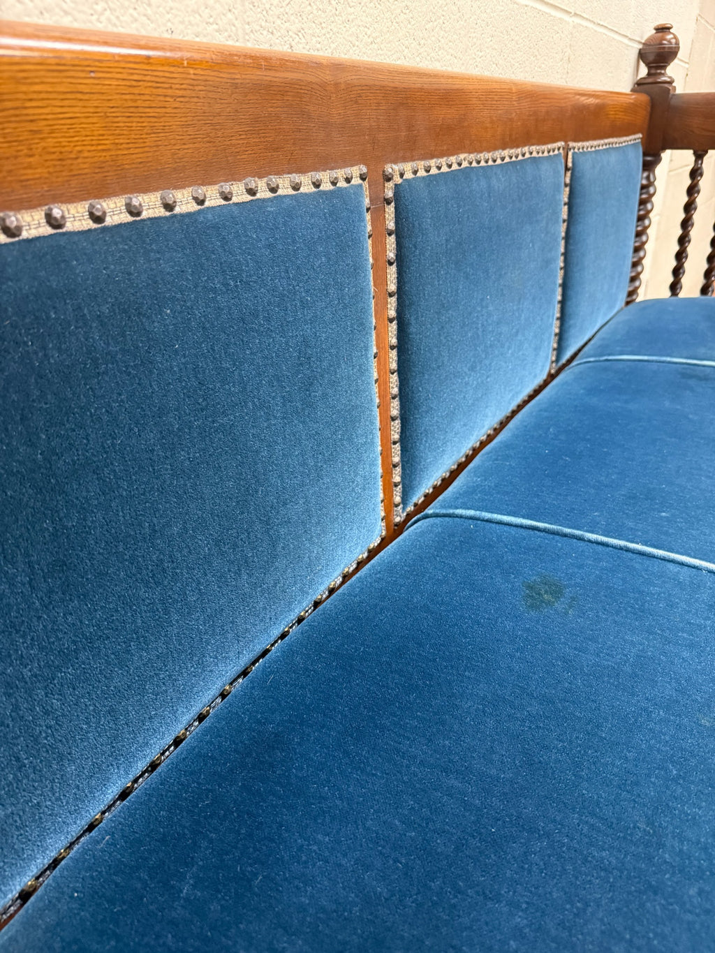 Antique Jacobean Revival Blue Velvet Upholstered Oak Hall Settee Daybed Bench