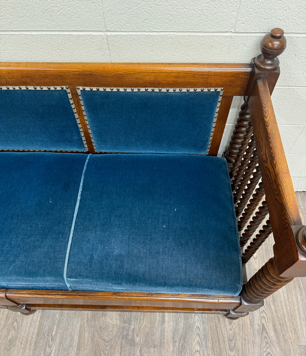 Antique Jacobean Revival Blue Velvet Upholstered Oak Hall Settee Daybed Bench