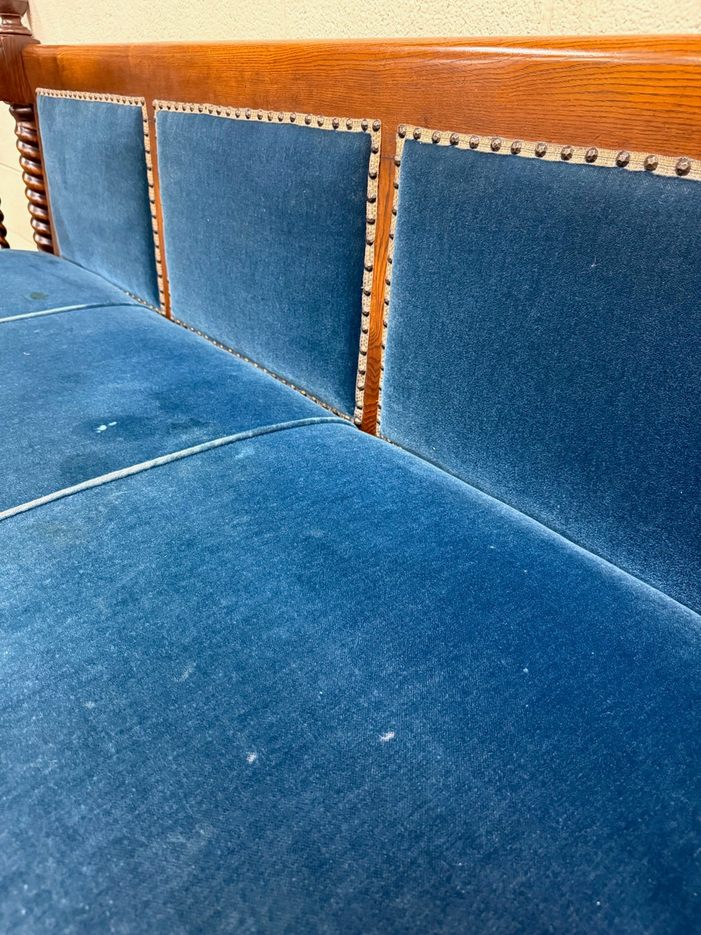 Antique Jacobean Revival Blue Velvet Upholstered Oak Hall Settee Daybed Bench