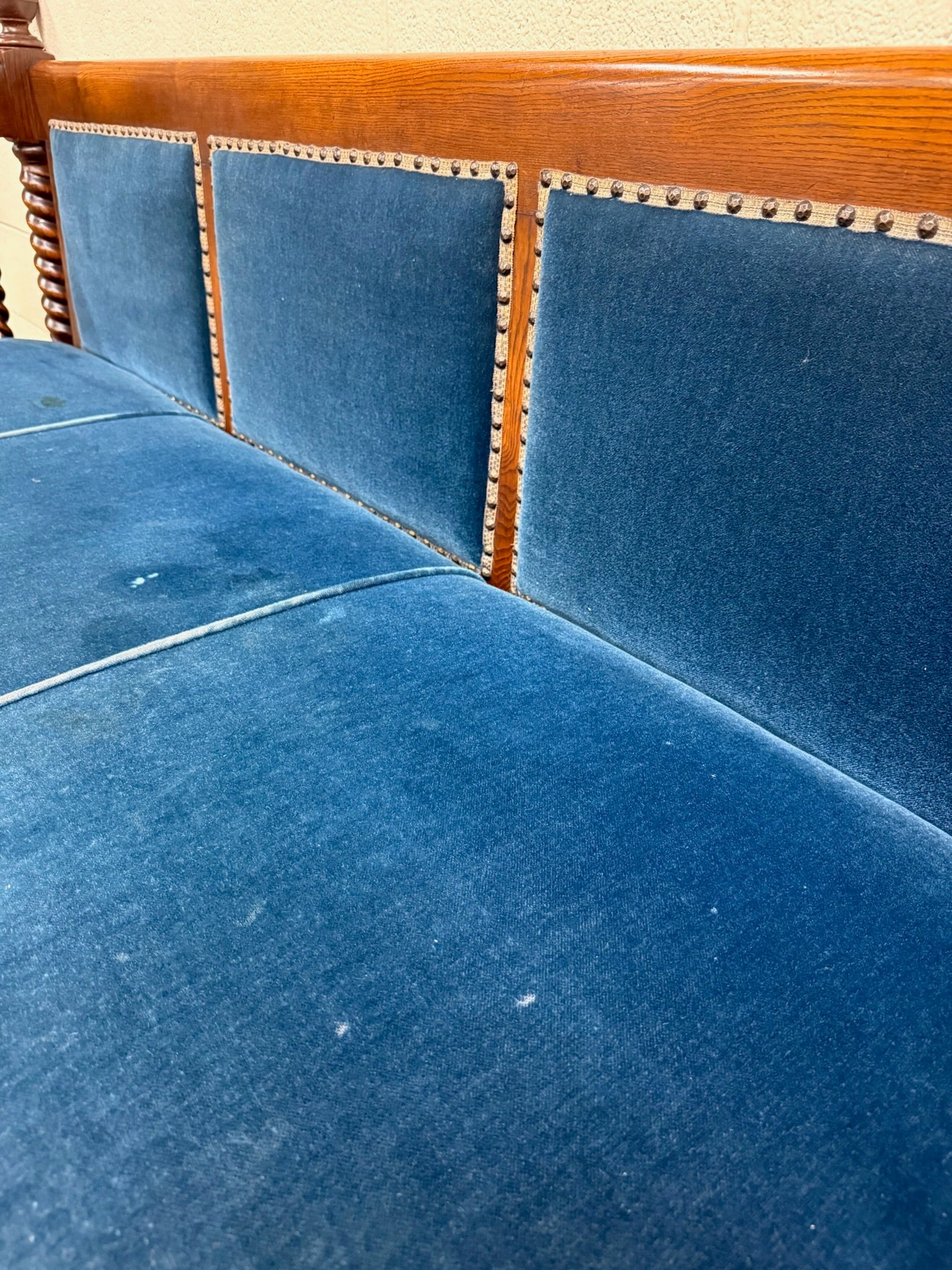 Antique Jacobean Revival Blue Velvet Upholstered Oak Hall Settee Daybed Bench