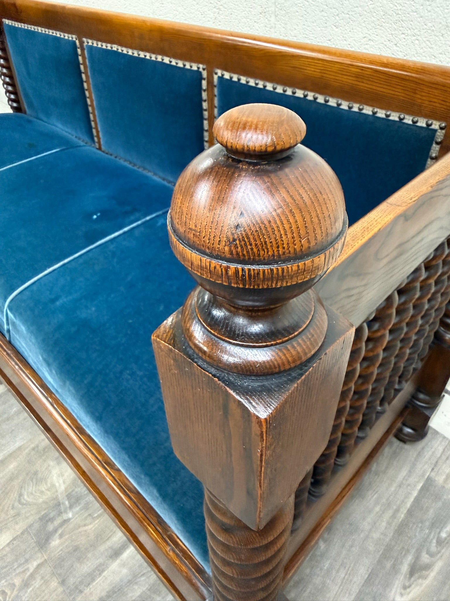 Antique Jacobean Revival Blue Velvet Upholstered Oak Hall Settee Daybed Bench